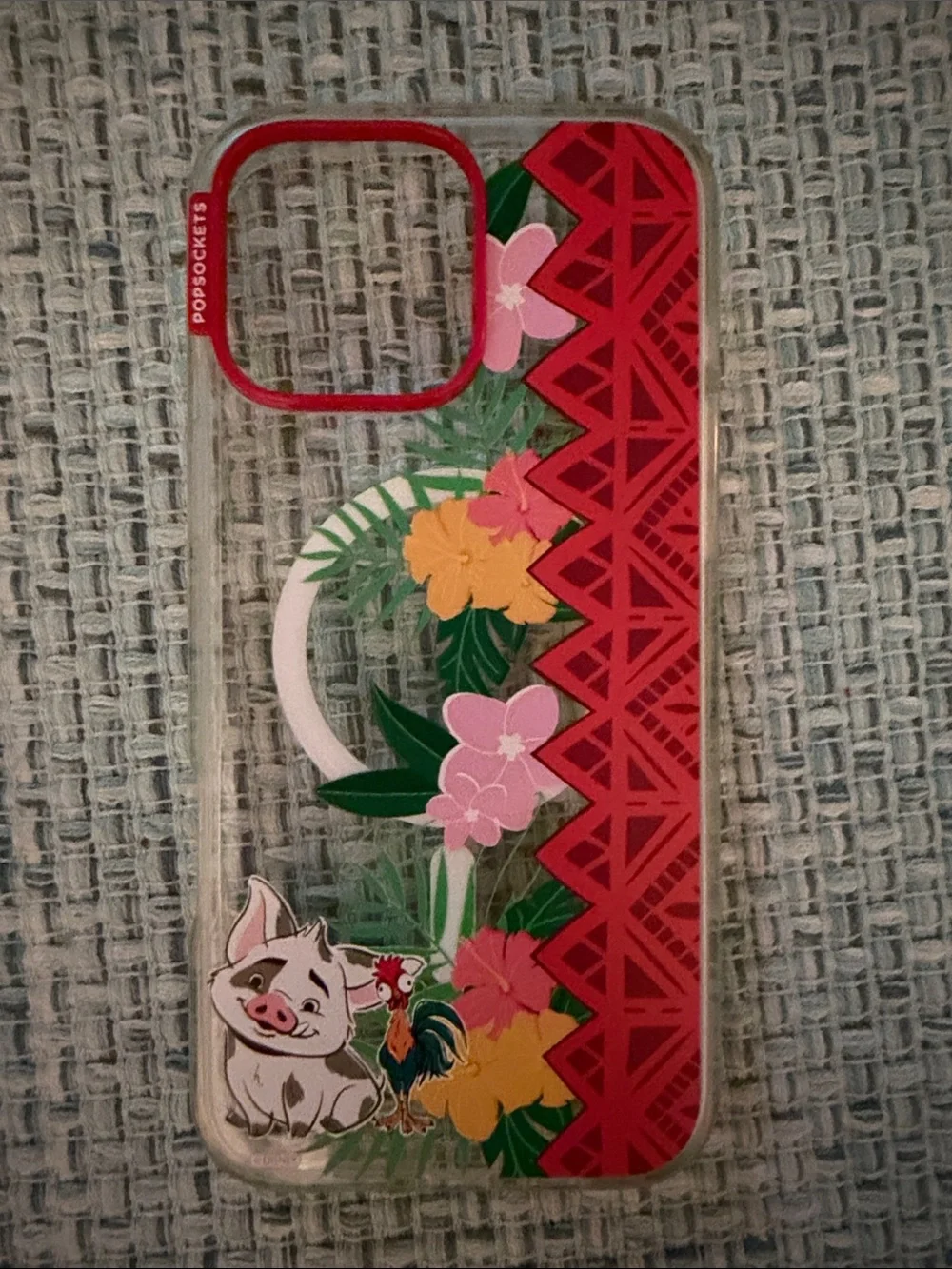 PopSocket Clear Phone 16 pro max Case with Red Trim and Tropical Floral Art